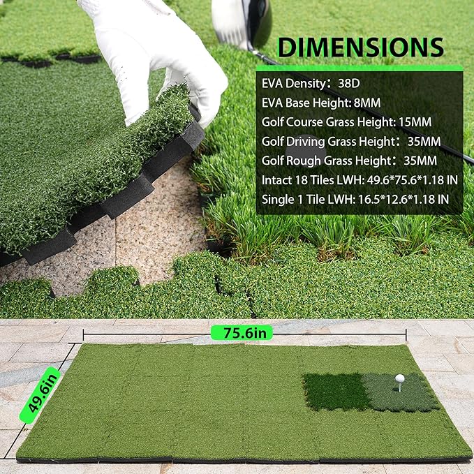 GAIARENA Golf Hitting Mat Premium Indoor & Backyard Practice Mat for Golf Simulator with Interchangeable Tri-Turf Tiles Course Driving Rough Grass 6.3'*3.8'