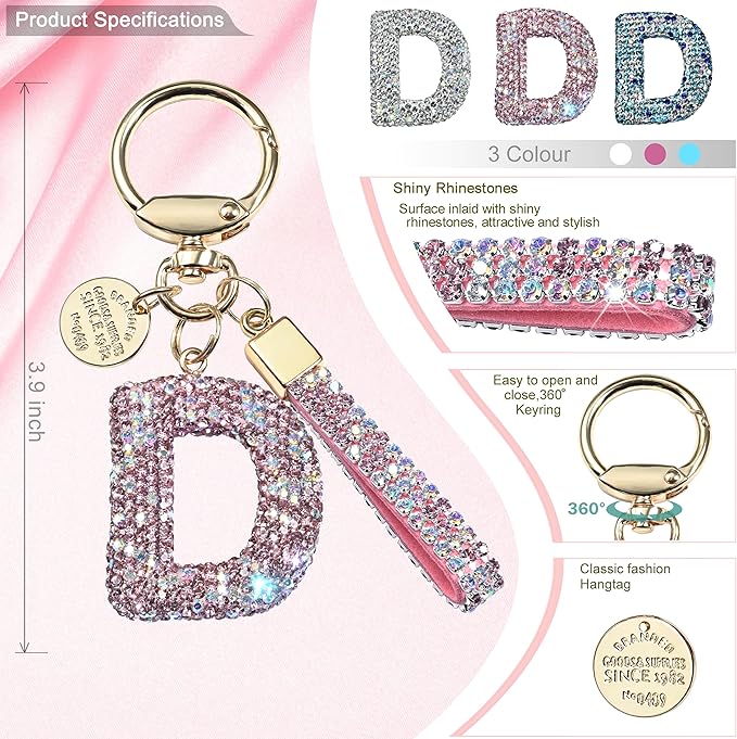 Pink Blue White Initial Letter Keychain Gift for Women Girls Bling Sparkly Cute Backpack Car Key Accessories Lanyard