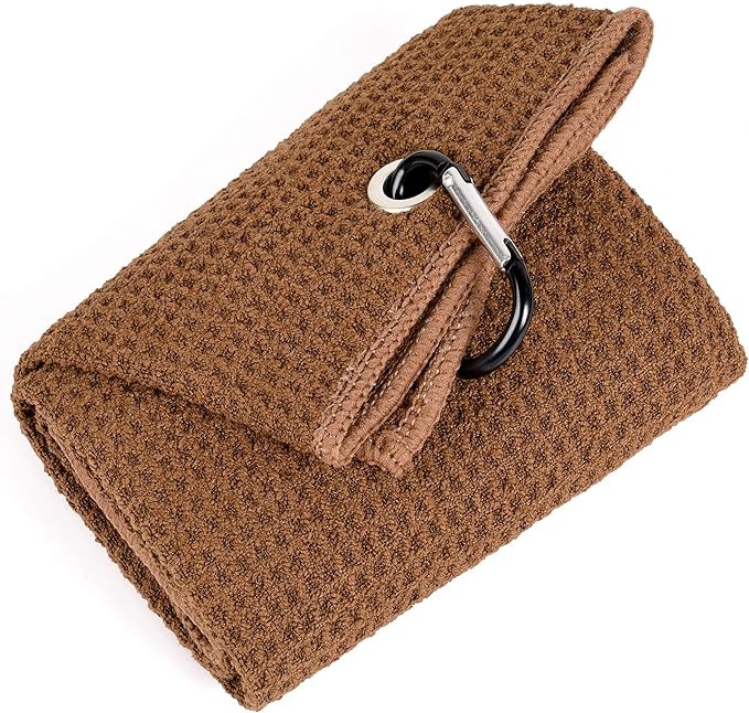Mile High Life Tri-fold Golf Towel | 16" X 24" | Premium Microfiber Fabric | Waffle Pattern | with Heavy Duty Carabiner Clip | for Men and Women (Brown)