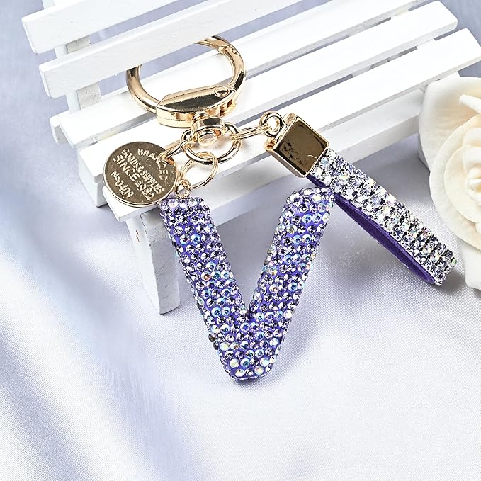 Pink Blue White Initial Letter Keychain Gift for Women Girls Bling Sparkly Cute Backpack Car Key Accessories Lanyard
