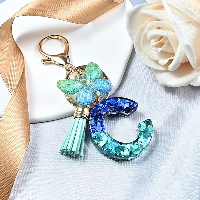 JINGUAZI Initial letter Keychains for Women Tassel Butterfly Pink Purple Cute Car Keychain for Wallet Backpack bag charm