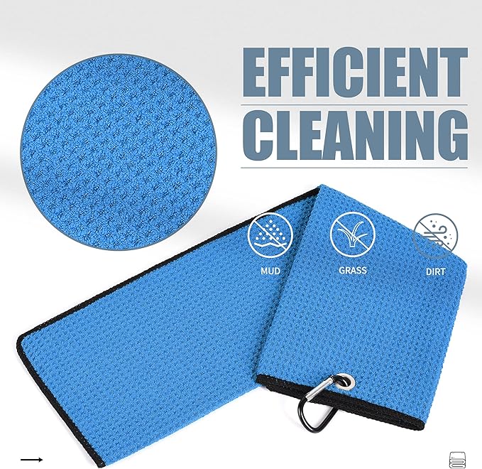 Mile High Life Tri-fold Golf Towel | 16" X 24" | Premium Microfiber Fabric | Waffle Pattern | with Heavy Duty Carabiner Clip | for Men and Women (Blue)
