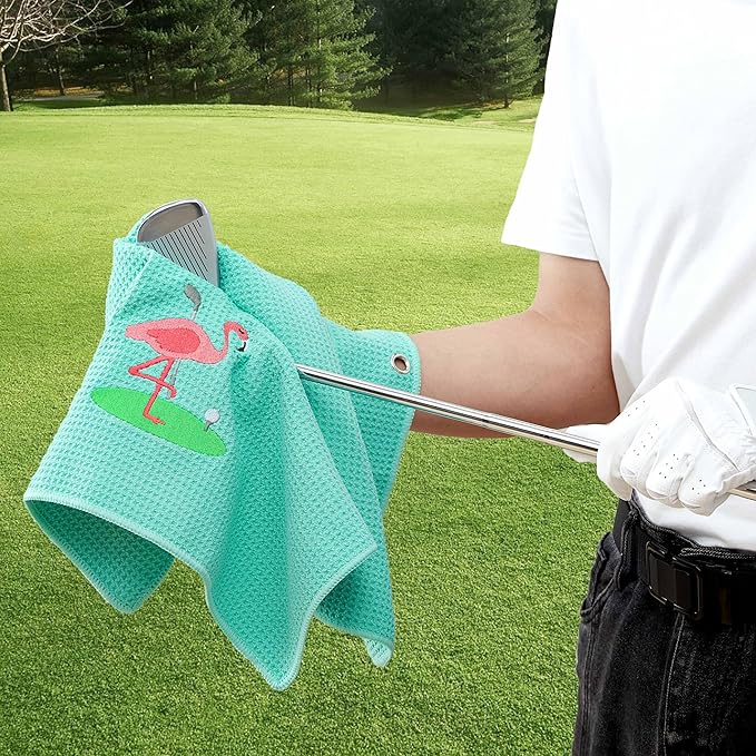 Embroidered Golf Towel Set – Custom Towels for Golf Bags & Carts – Golf Accessories & Gifts for Kids, Men, & Women – Microfiber Waffle and Ball Towels – Flamingo Design - 2-Pack