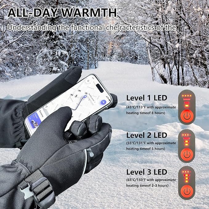Heated Glove for Men Women Rechargeable Heated Gloves Waterproof and Windproof Gloves for Winter Outdoor Work Skiing Hiking Camping Riding Touchscreen 7.4V 3000mAh Battery