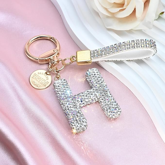 Pink Blue White Initial Letter Keychain Gift for Women Girls Bling Sparkly Cute Backpack Car Key Accessories Lanyard