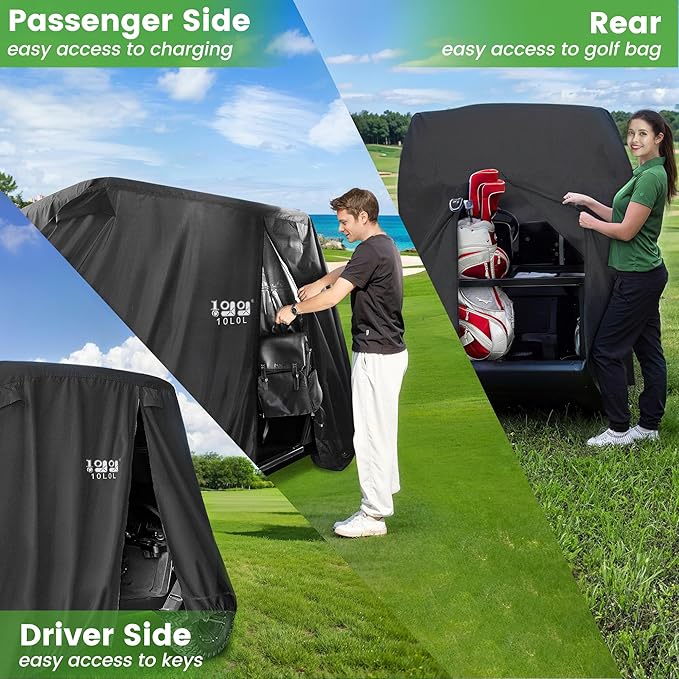 10L0L Golf Cart Cover 2/4/4+2 Passenger for Yamaha EZGO Club Car, Heavy Duty 420D Waterproof Windproof Durable Polyester Golf Cart Cover with 3 Zipper Doors for All-Weather Protection (Black/Silver)
