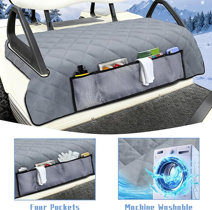 YOKYHOM Golf Cart Seat Covers with 4 Front Pockets, Thick and Non-Slip Golf Cart Seat Towel Blanket, Fits for EZGO, Yamaha, Club Car and More 2 Seats Golf Carts, Gray