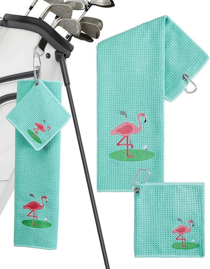 Embroidered Golf Towel Set – Custom Towels for Golf Bags & Carts – Golf Accessories & Gifts for Kids, Men, & Women – Microfiber Waffle and Ball Towels – Flamingo Design - 2-Pack