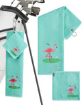 Embroidered Golf Towel Set – Custom Towels for Golf Bags & Carts – Golf Accessories & Gifts for Kids, Men, & Women – Microfiber Waffle and Ball Towels – Flamingo Design - 2-Pack