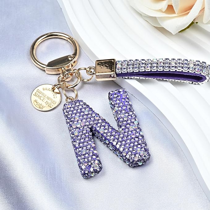 Pink Blue White Initial Letter Keychain Gift for Women Girls Bling Sparkly Cute Backpack Car Key Accessories Lanyard