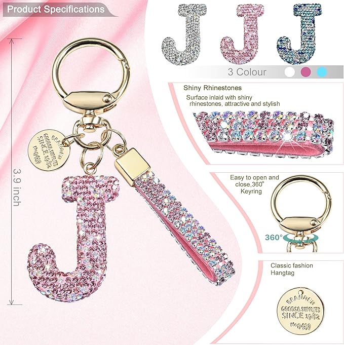 Pink Blue White Initial Letter Keychain Gift for Women Girls Bling Sparkly Cute Backpack Car Key Accessories Lanyard