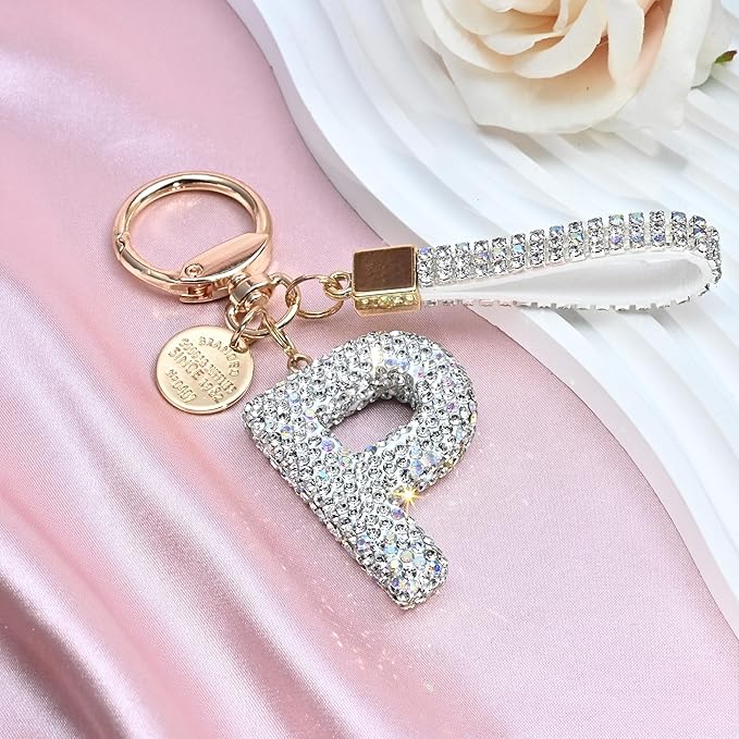 Pink Blue White Initial Letter Keychain Gift for Women Girls Bling Sparkly Cute Backpack Car Key Accessories Lanyard
