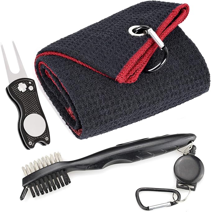 Mile High Life Microfiber Waffle Pattern Golf Towel | Club Groove Cleaner Brush | Foldable Divot Tool with Magnetic Ball Marker (Black w/red Towel/Brush/Fish Divot)