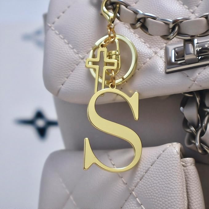Gold Initial Keychain for Women A-Z Letter Cross Keychains Alphabet Key Chain bag Accessories Gift for Christian