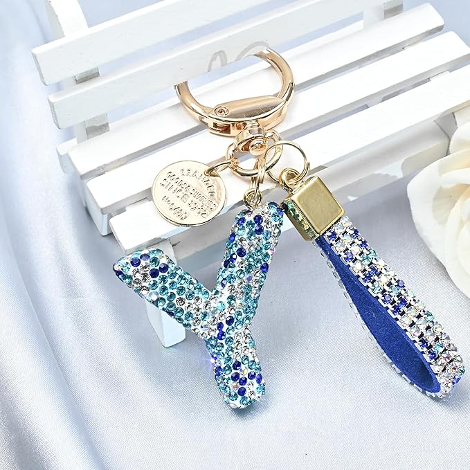 Pink Blue White Initial Letter Keychain Gift for Women Girls Bling Sparkly Cute Backpack Car Key Accessories Lanyard