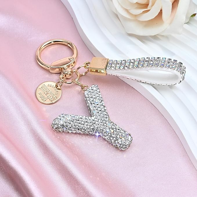 Pink Blue White Initial Letter Keychain Gift for Women Girls Bling Sparkly Cute Backpack Car Key Accessories Lanyard