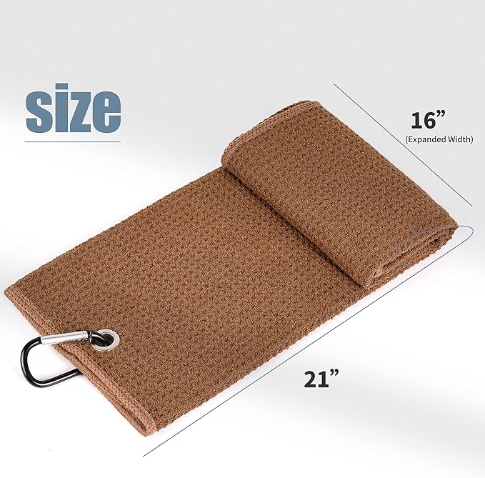 Mile High Life Tri-fold Golf Towel | 16" X 24" | Premium Microfiber Fabric | Waffle Pattern | with Heavy Duty Carabiner Clip | for Men and Women (2 Pack Brown)