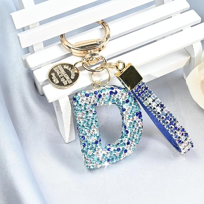 Pink Blue White Initial Letter Keychain Gift for Women Girls Bling Sparkly Cute Backpack Car Key Accessories Lanyard