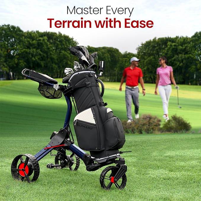 Alphard Electric Golf Cart with Remote - Cybercart Electric Golf Caddy, Motorized Golf Caddy w Accessories - Cup Holder, Umbrella Holder, Anti-tip Wheels, Phone Holder, Magnetic pad - Compact Folding
