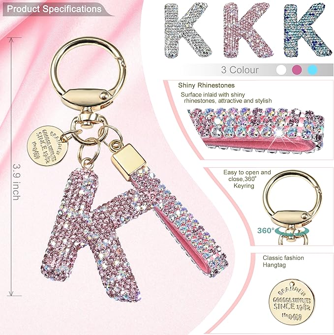 Pink Blue White Initial Letter Keychain Gift for Women Girls Bling Sparkly Cute Backpack Car Key Accessories Lanyard