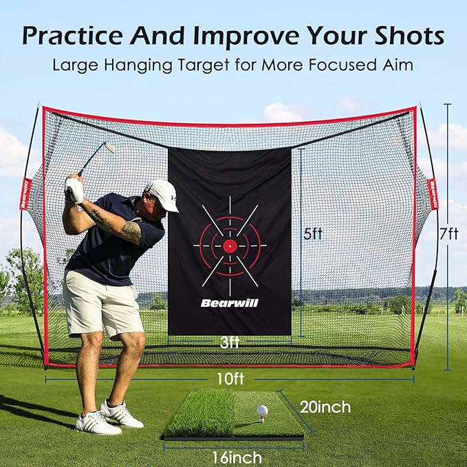 Bearwill Golf Net, 10x7ft Heavy Duty Golf Practice Nets with Mat, Target Cloth, 8 Tees, 6 Balls, Carry Bag for Backyard Driving Chipping Indoor Outdoor Training