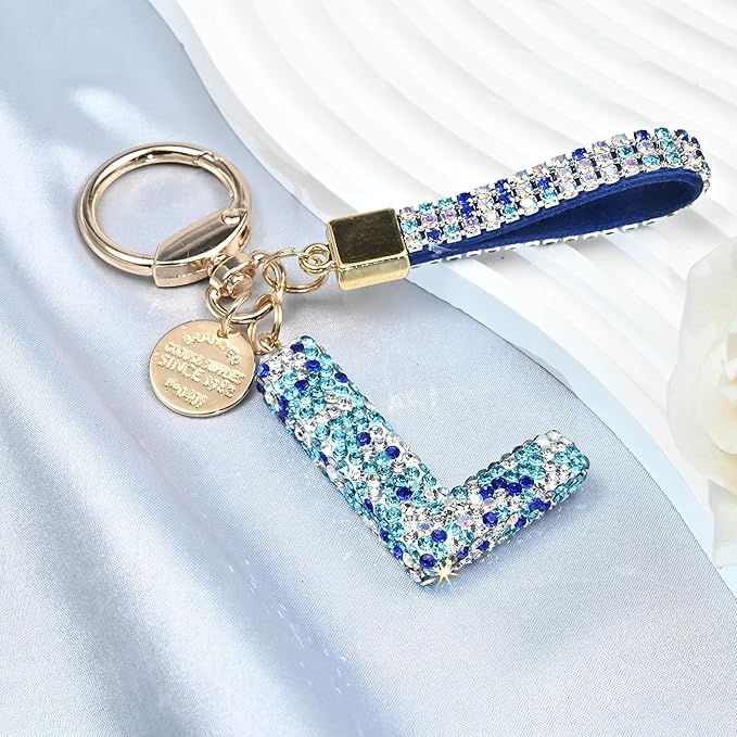 Pink Blue White Initial Letter Keychain Gift for Women Girls Bling Sparkly Cute Backpack Car Key Accessories Lanyard