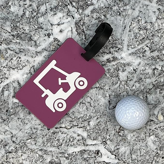 Golf Bag Tag – Golf Cart Magenta Design, Flexible & Waterproof Silicone Luggage Tag, Secure Strap for Bag Identification, Great Golf Gift for Players & Enthusiasts