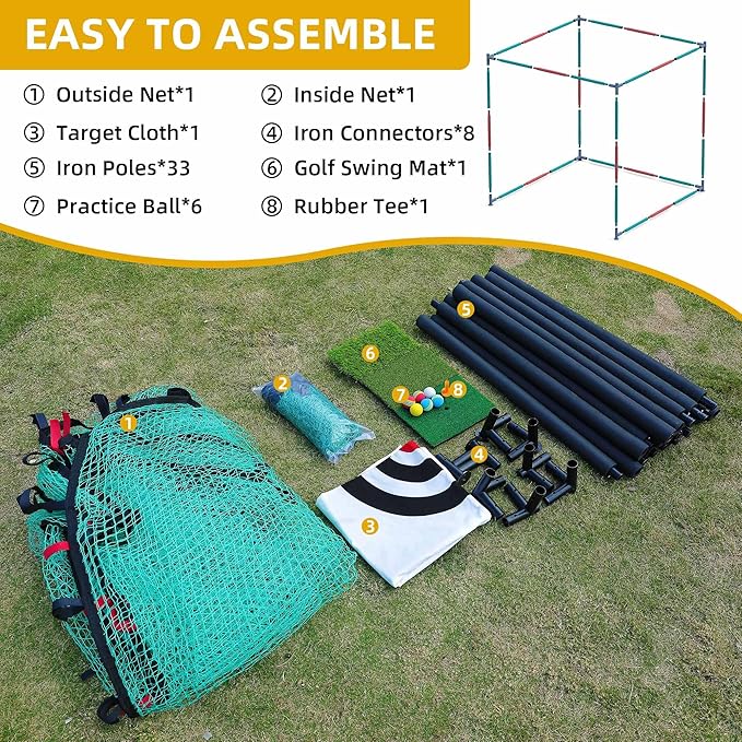Golf Cage with Steel Freame, 7x7x7ft Golf Net with Rubber Hose, Noise Reduction for Backyard Indoor Outdoor Lawn Practice(Includes 1 Hitting Mat 6 PU Balls 1 Tee)