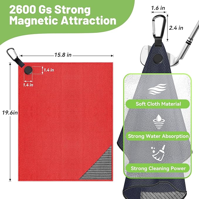 Magnetic Golf Towel, 2 Pack Golf Towels with Clips, Ultra Absorbent Microfiber Wire Cleaning Cloth, Waffle Pattern Towel with Magnet for Men Women, Golf Accessories for Bags, Carts or Clubs