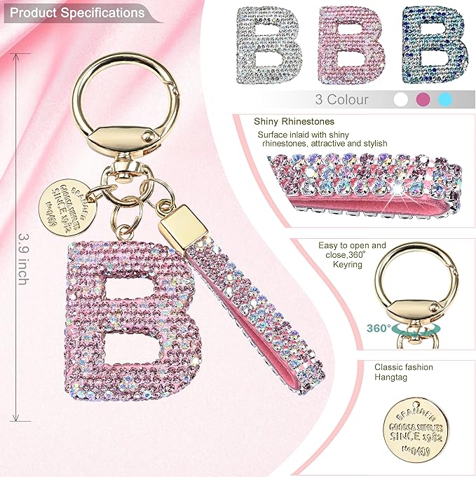 Pink Blue White Initial Letter Keychain Gift for Women Girls Bling Sparkly Cute Backpack Car Key Accessories Lanyard
