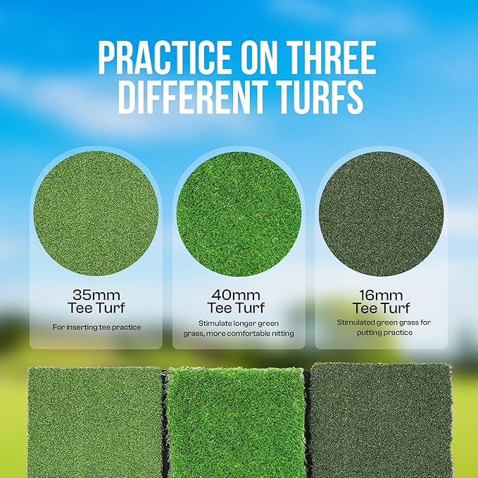 2ft x 2ft Tri-Turf 3 in 1 Golf Hitting Mat Indoor Outdoor Practice & Training Aid with Real Turf Feel, Non-Slip Rubber Base, EVA Cushion, Real Tee Support, Foam Balls & Tees Included for Driving Range