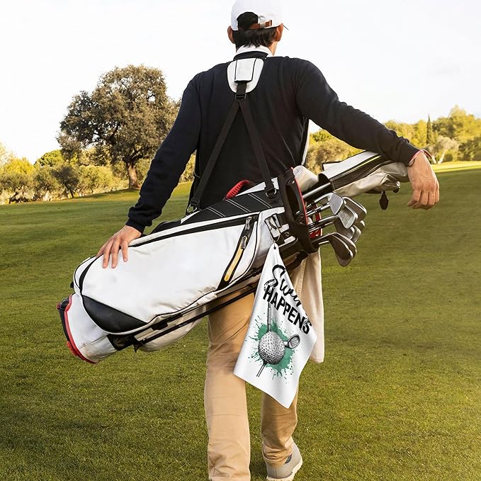 Swing Happens Printed Funny Golf Towel with Carabiner Clip 24"x16" Cute White Golf Towels for Golf Bags Microfiber Waffle Golfs Rag for Disc Balls Clubs Golfs Accessories for Men Women Dad Husband