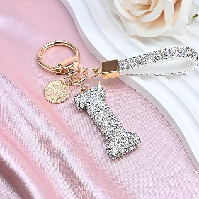 Pink Blue White Initial Letter Keychain Gift for Women Girls Bling Sparkly Cute Backpack Car Key Accessories Lanyard