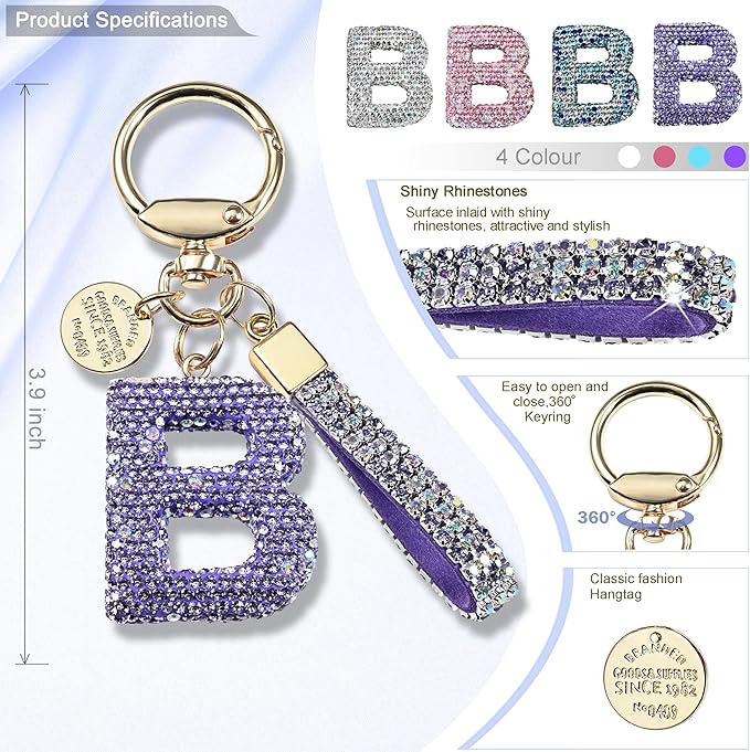 Pink Blue White Initial Letter Keychain Gift for Women Girls Bling Sparkly Cute Backpack Car Key Accessories Lanyard