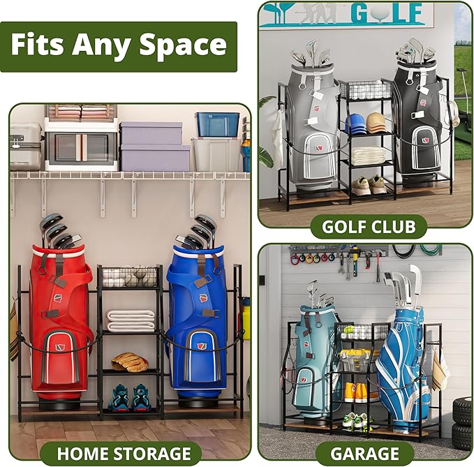 Golf Bag Storage Organizer for Garage Organization, Golf Bag Stand for Golf Bag Accessories, Spacious Golf Rack for Golf Clubs & Golf Essentials, Ideal Golf Gifts for Men (Fits 2 Golf Bags)