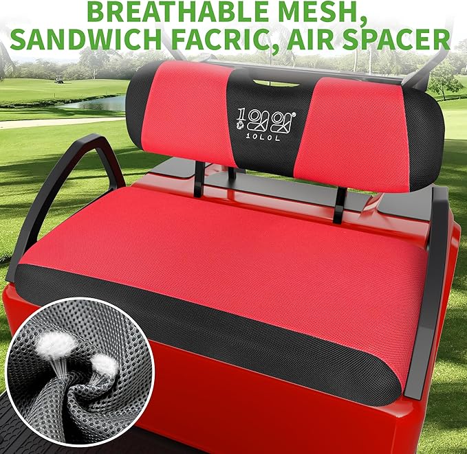 10L0L Golf Cart Seat Covers Kit - Universal Fit for EZGO TXT/RXV Front Seats | Breathable Mesh Fabric | Easy Installation | Red & Black (No Staples Required)