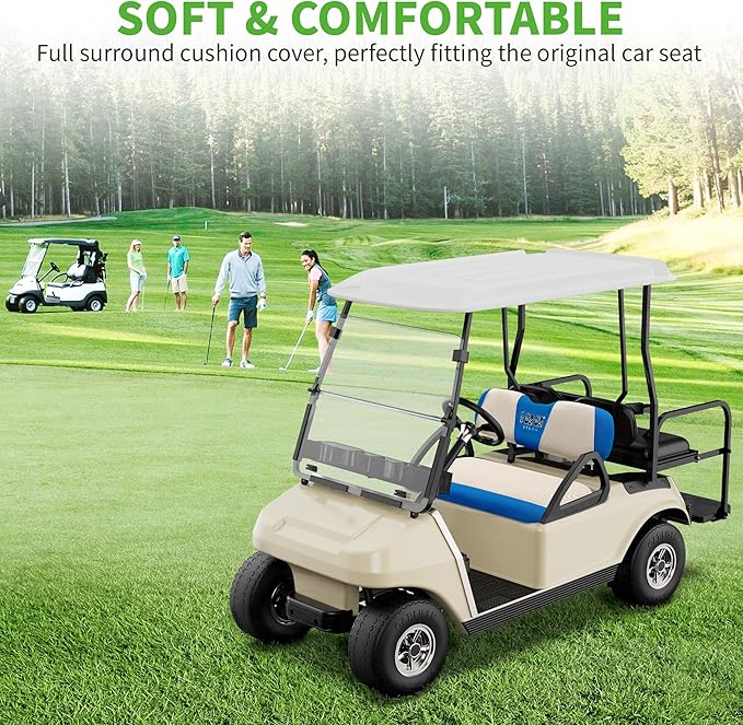 10L0L Golf Cart Seat Covers Kit - Universal Fit for EZGO TXT/RXV Front Seats | Breathable Mesh Fabric | Easy Installation | Beige & Blue (No Staples Required)
