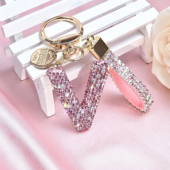 Pink Blue White Initial Letter Keychain Gift for Women Girls Bling Sparkly Cute Backpack Car Key Accessories Lanyard