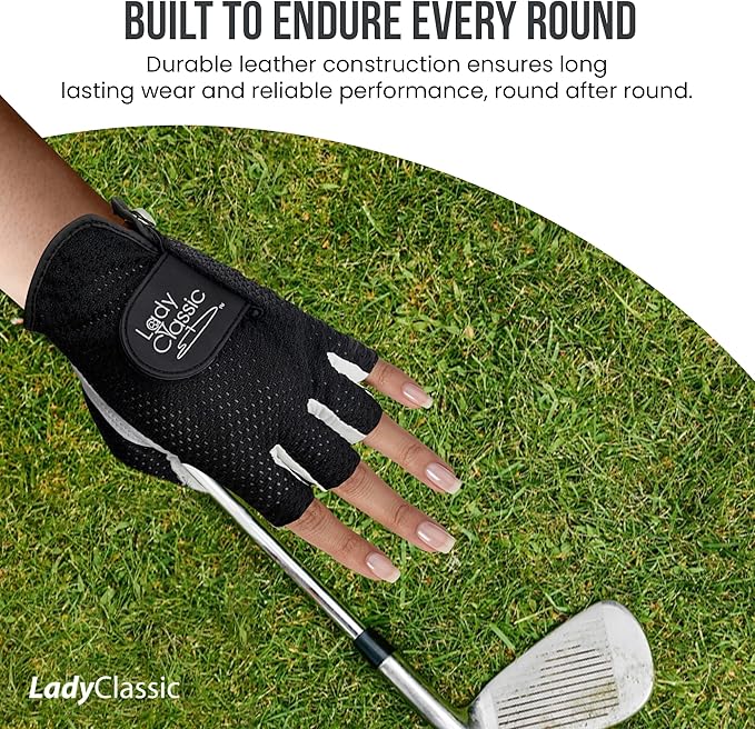 Mesh Half Golf Glove for Women – Premium Cabretta Leather Palm, Breathable Mesh Back, Half-Finger Design Ladies Golf Glove for Enhanced Grip & Comfort