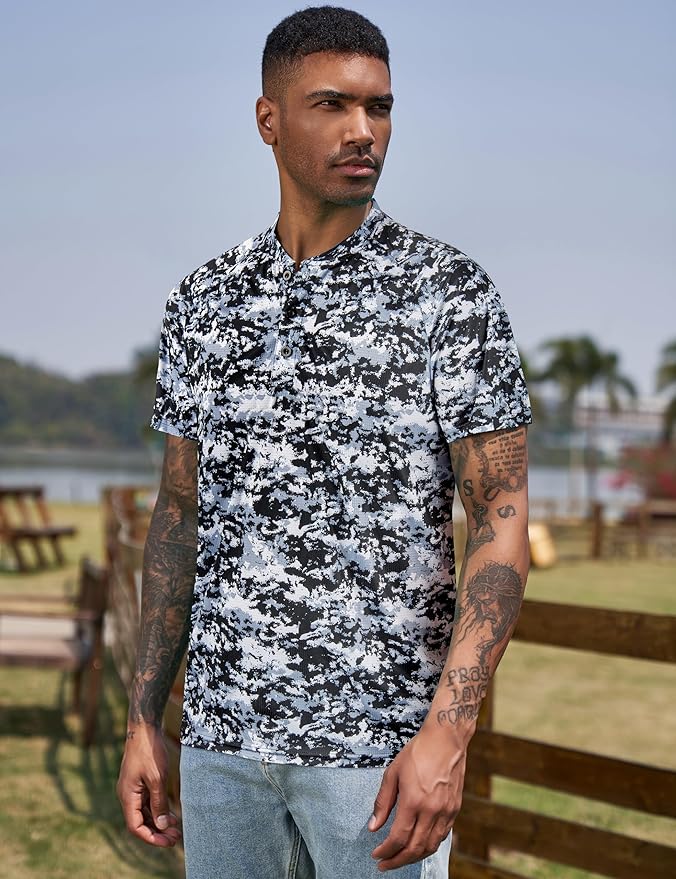 TAPULCO Mens Collarless Golf Shirts Short Sleeve Dry Fit Stretch Casual Breathable Lightweight Tshirts