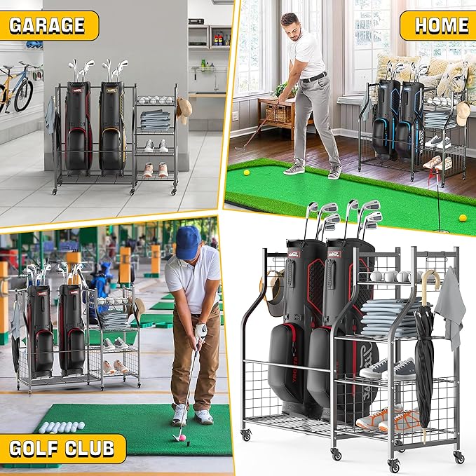 Ultrawall Golf Storage Organizer, Golf Bag Storage Stand for Garage, Golf Equipment Rack with Wheels Fits 2 Golf Bags and Golf Equipment Accessories