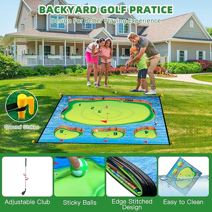 Golf Chipping Game Mat Set,Sticky Pro, 70‘’x70'' for Indoor Outdoor for Adults,Battle Royale,Golf for Adults Family Kids Backyard Yard Party （with Club）
