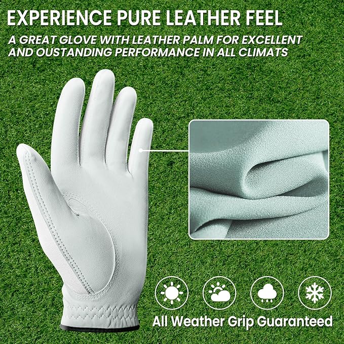 FINGER TEN Premium Cabretta Leather Golf Gloves Men 3 Pack for Right Left Handed Golfer, Comfortable Glove with All Weather Grip for Left Right Hand Size S M ML L XL