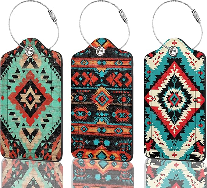3 Pack Luggage Tag for Suitcase Leather Travel Cruise Luggage Tag with Stainless Steel Loop Name ID Label Privacy Cover for Adults Teens Travel Bag Labels Set (Tribal Ethnic Pattern)
