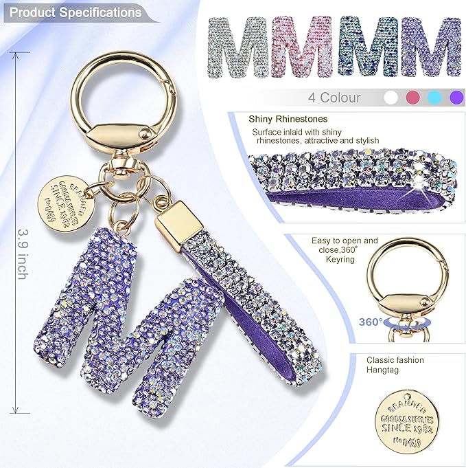 Pink Blue White Initial Letter Keychain Gift for Women Girls Bling Sparkly Cute Backpack Car Key Accessories Lanyard