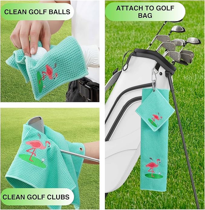 Embroidered Golf Towel Set – Custom Towels for Golf Bags & Carts – Golf Accessories & Gifts for Kids, Men, & Women – Microfiber Waffle and Ball Towels – Flamingo Design - 2-Pack