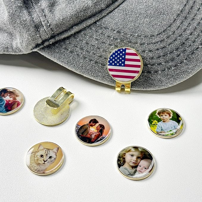 Custom Golf Ball Markers with Magnetic Hat Clip - Personalized Ball Marker Hat Clip with 1" Diameter Ball Marker Customized with Your Photo Logo Text Name