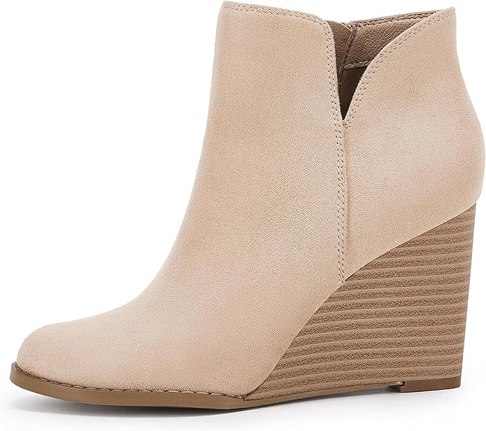 LAICIGO Womens V Cut Wedge Ankle Booties Zip-up Closed Toe Stacked Heel Faux Suede Winter Boots
