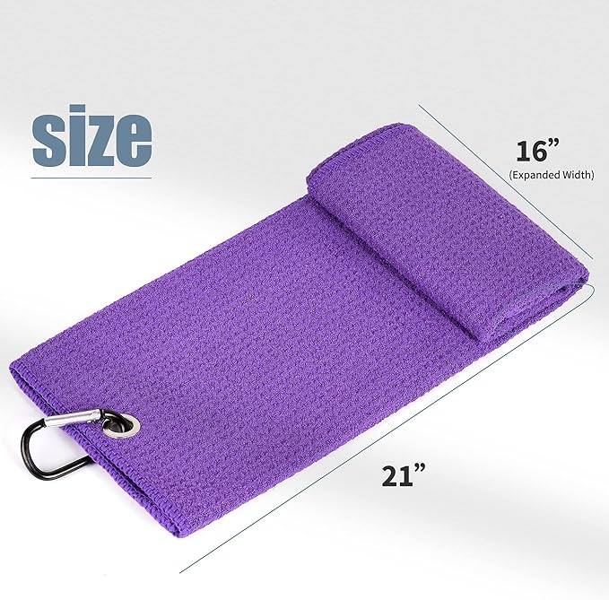 Mile High Life Tri-fold Golf Towel | 16" X 24" | Premium Microfiber Fabric | Waffle Pattern | with Heavy Duty Carabiner Clip | for Men and Women (2 Pack Purple)
