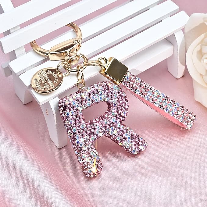 Pink Blue White Initial Letter Keychain Gift for Women Girls Bling Sparkly Cute Backpack Car Key Accessories Lanyard